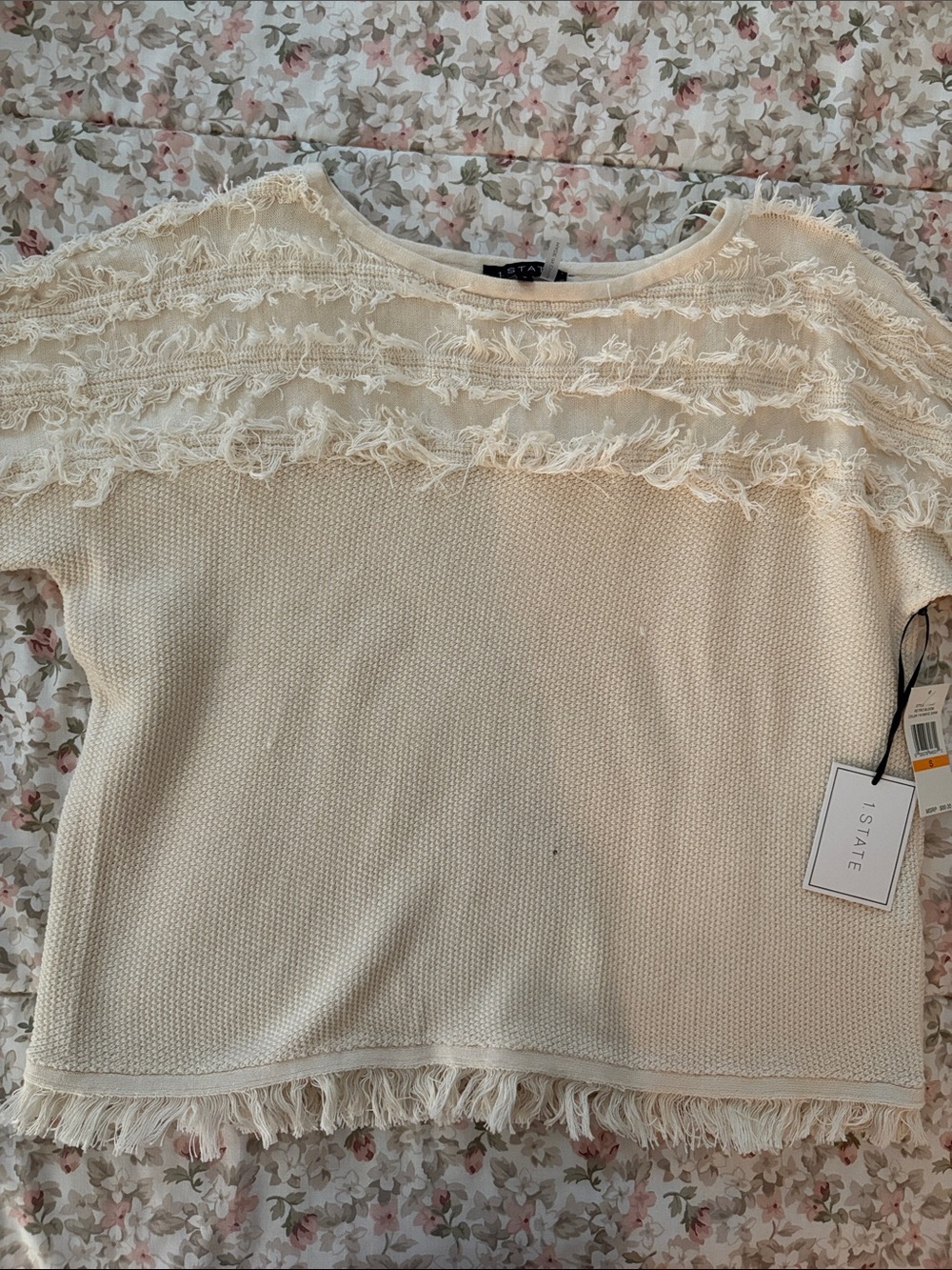 1. State Cream Fringe Knit Short-Sleeve Top